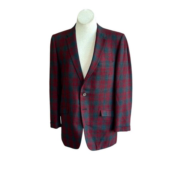 Louis Roth Union Made Vintage 80s Red Gray Plaid Wool Blazer Sports Coat Size 39 - Picture 1 of 15